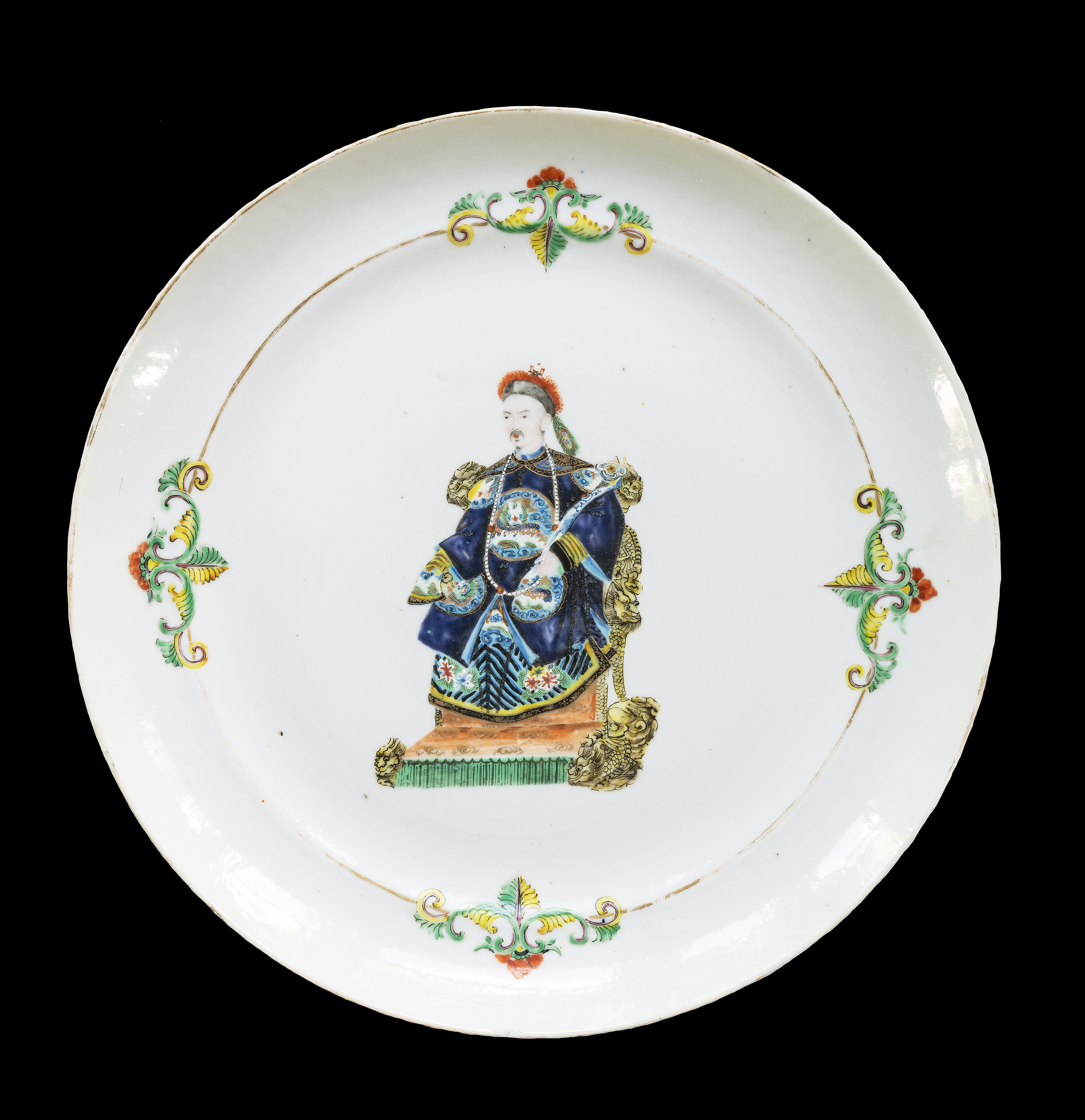 Chinese porcelain famille rose plate with an image of the Daoguang Emperor